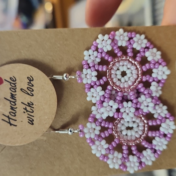 Handcrafted Jewelry - Hand-made Purple White and pink floral earrings with 925 silver hooks